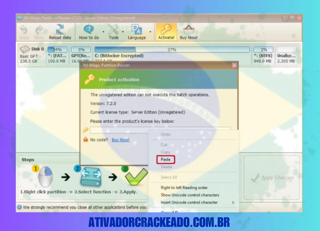 A chave gerada deve ser copiada e, em seguida, adicionada à barra de ativação clicando nela. O produto ficará ativo para você como resultado. (1)