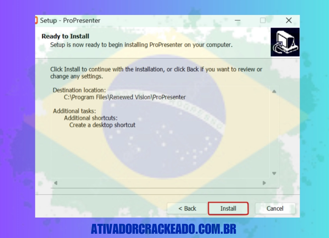 Aceite o contrato de licença, clique em Avançar, escolha o local onde deseja instalar