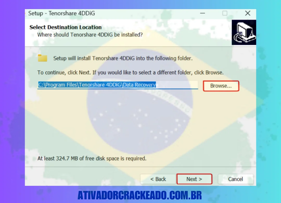 Aceite o contrato de licença e escolha o local onde deseja instalar o software. 