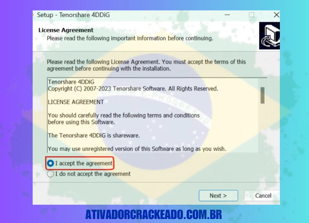 Aceite o contrato de licença e escolha o local onde deseja instalar o software.