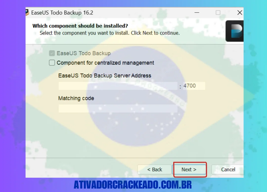 Aceite o contrato de licença e escolha os componentes que deseja instalar e clique em Avançar