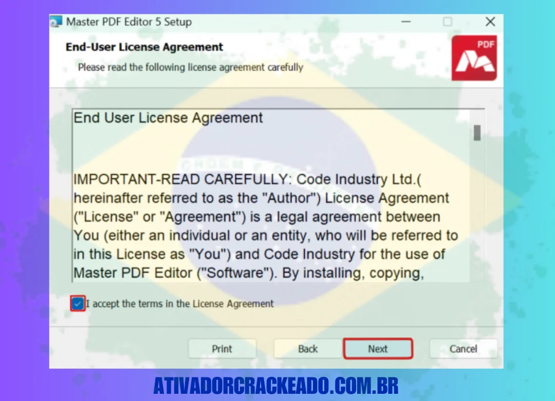 Aceite o contrato de licença, escolha o diretório de instalação e conclua a instalação.