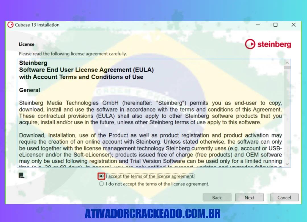 Após o gerenciamento de licenciamento terminar a instalação, iniciamos a instalação do Cubase 13 extraindo