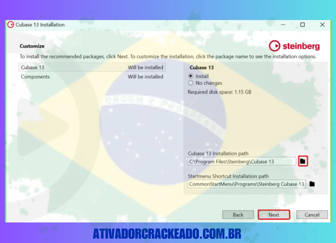 Após o gerenciamento de licenciamento terminar a instalação, iniciamos a instalação do Cubase 13 extraindo