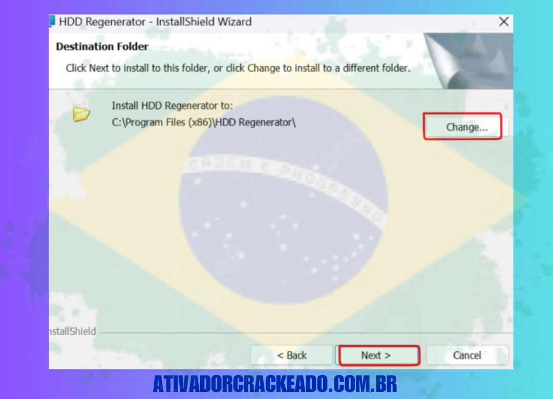 Assim que a configuração abrir, clique em Next, aceite o contrato de licença e clique em Next novamente. Escolha o local onde você quer instalar o software e clique em Next novamente.