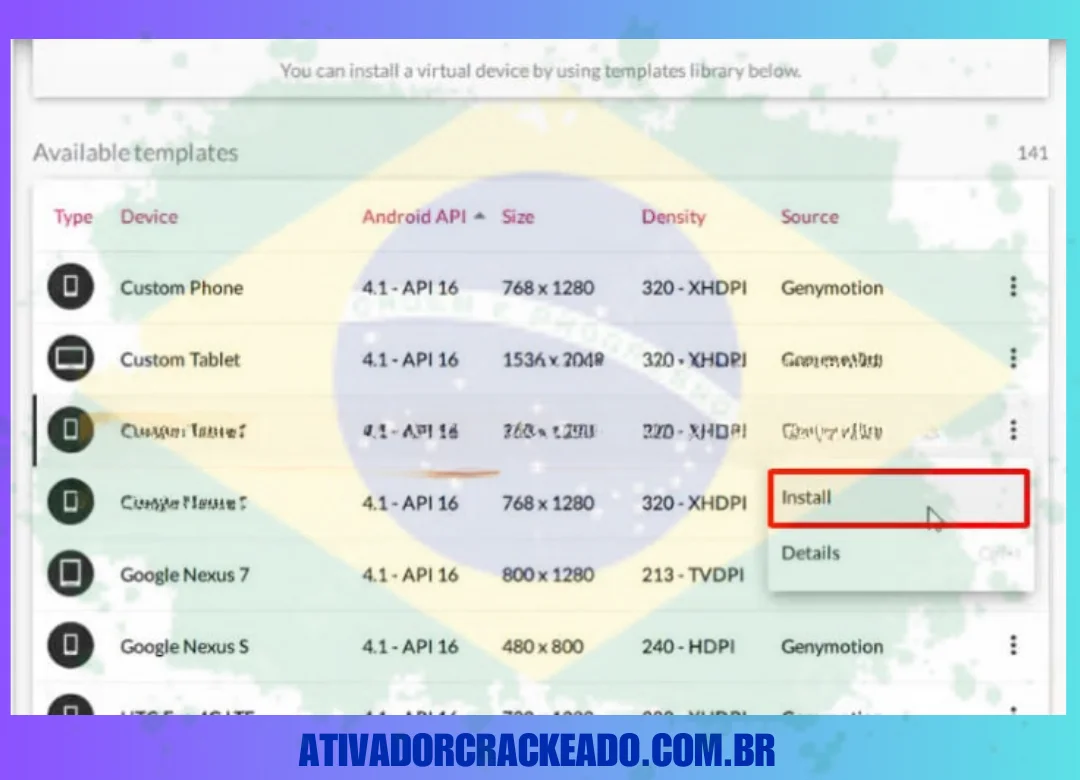 Clique em Instalar para instalar a máquina virtual no Genymotion depois de escolher um nome de dispositivo.