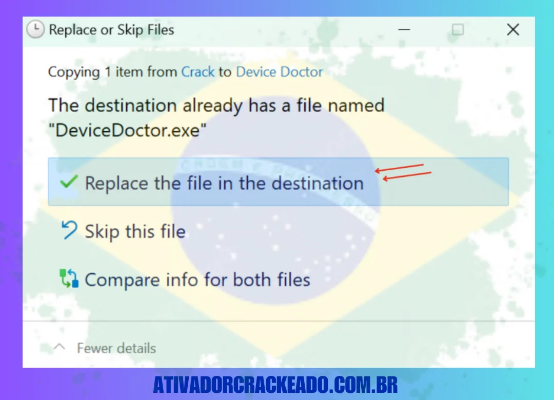 Cole o arquivo crack no diretório de instalação, escolha a opção substituir e forneça acesso de administrador para substituir o arquivo.