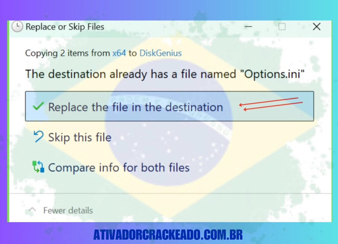 Cole os dois arquivos que copiamos no diretório de instalação após abri-lo. Para o arquivo Options.ini, você deve selecionar a opção replace. (1)