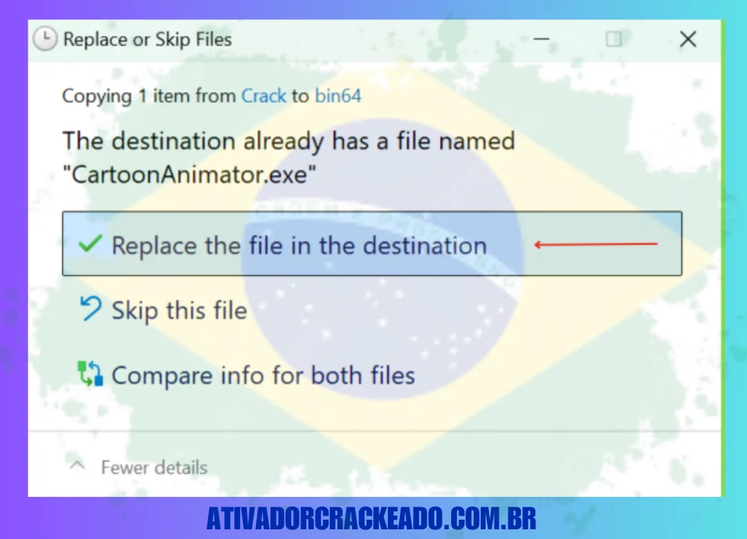 Copie CartoonAnimator.exe da pasta Crack e adicione-o ao diretório de instalação. Você deve escolher a opção replace.