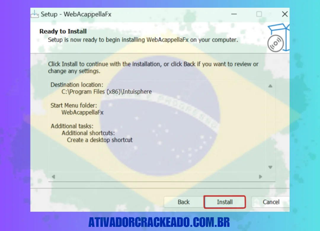 Depois de decidir sobre mais algumas tarefas, inicie a instalação após aceitar o contrato de licença e selecionar o local de instalação.