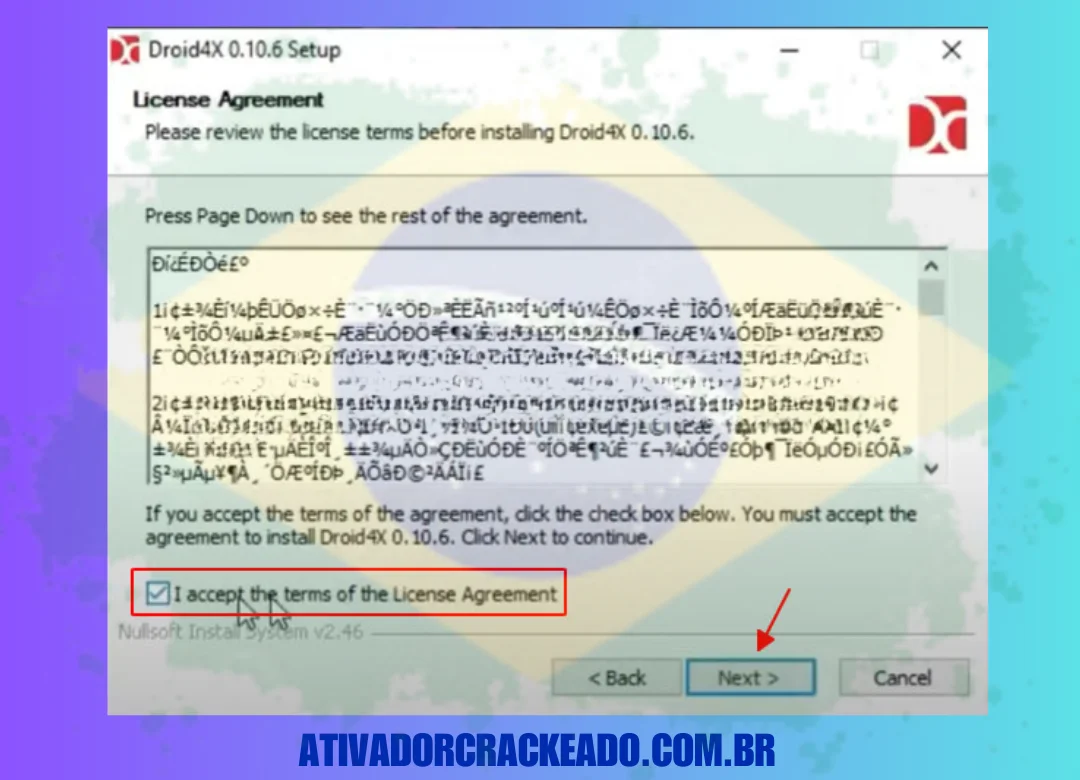 Depois de escolher Concordo com os termos do contrato de licença, clique em Avançar.