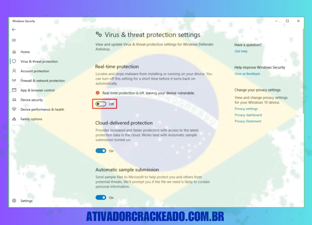 Desabilite a proteção em tempo real nas configurações do seu dispositivo.