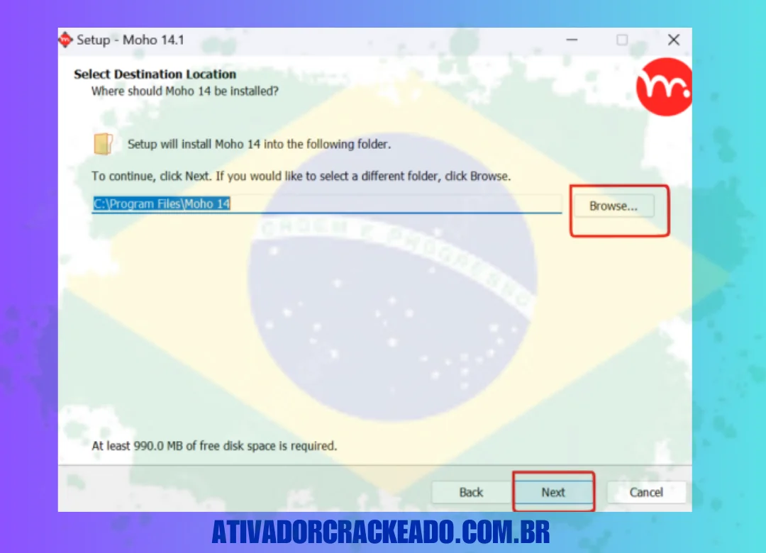 Em seguida, selecione o local onde você quer instalar o software e clique em Avançar.