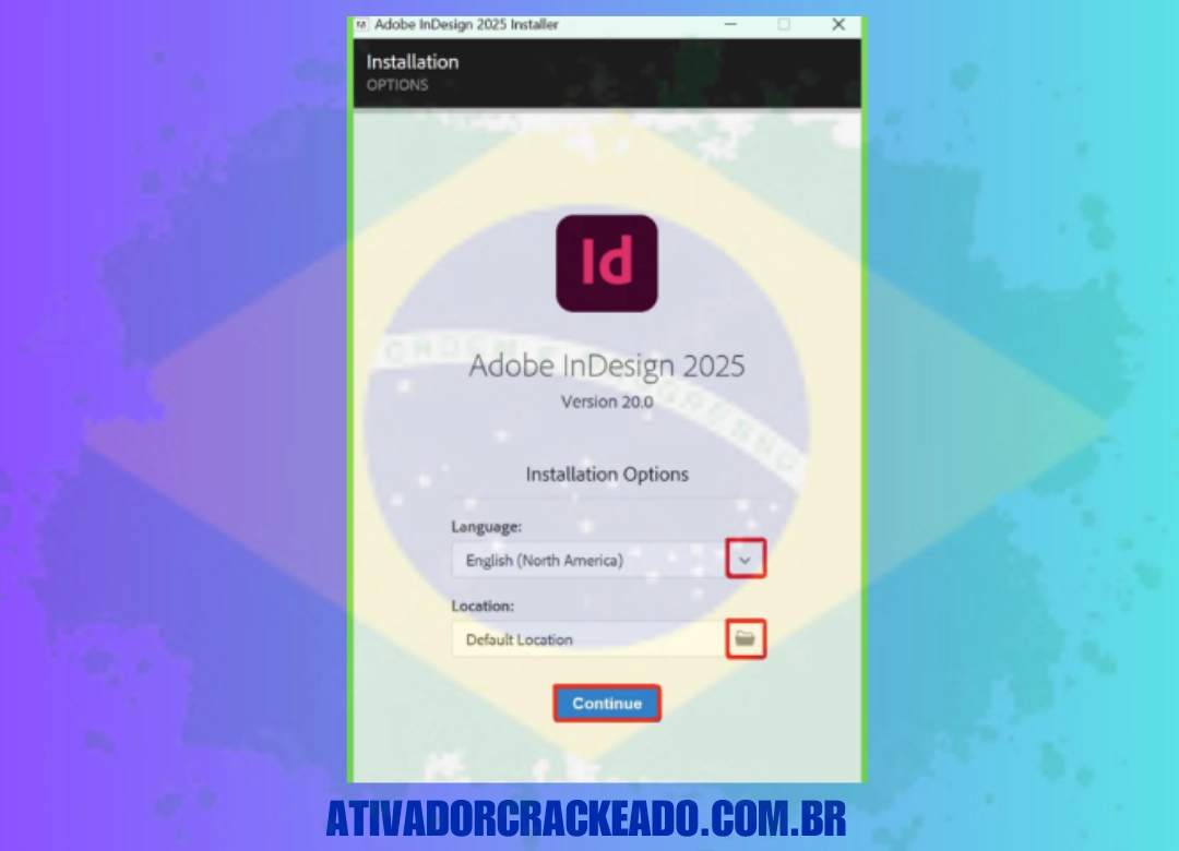 Escolha o diretório de instalação e o idioma em que você quer instalar