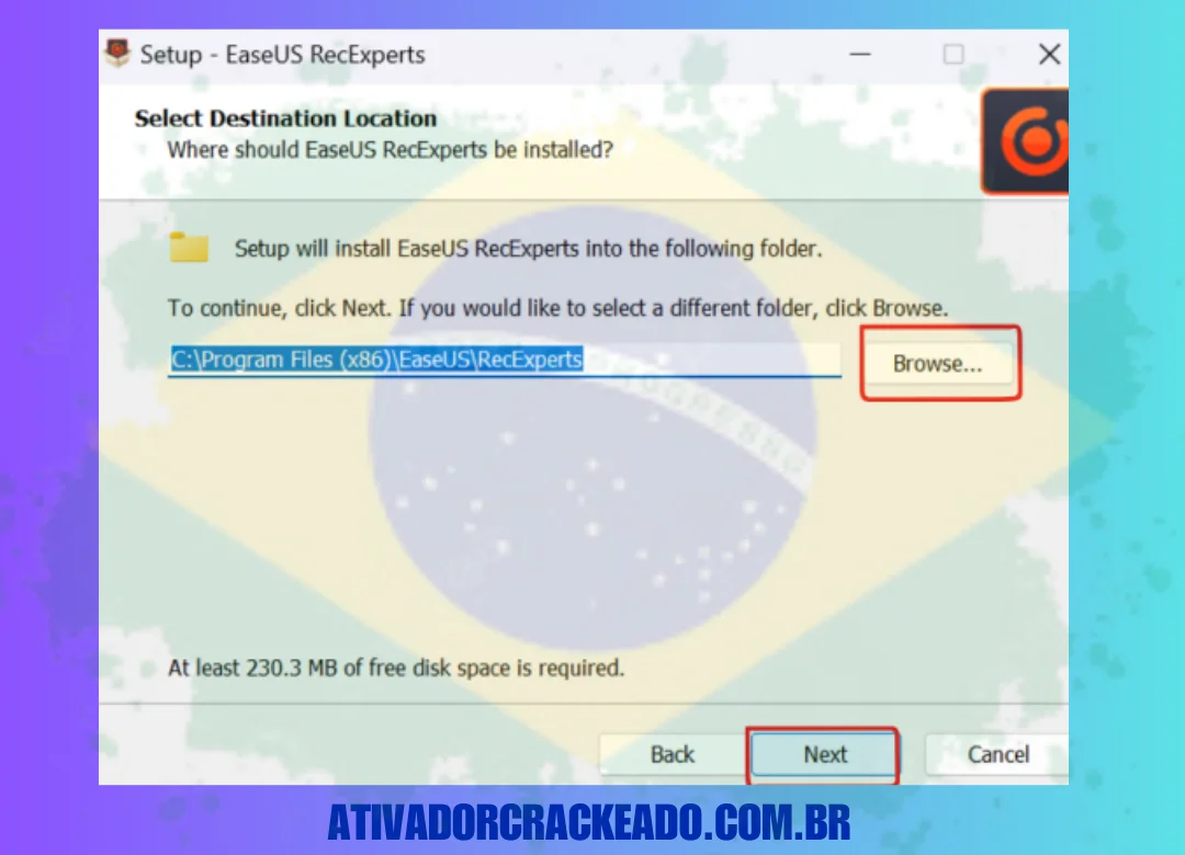 Escolha o local onde você quer instalar o EaseUS RecExperts