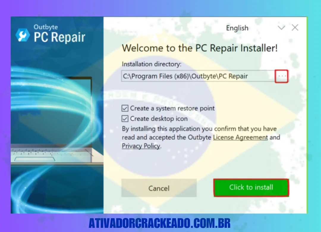 Escolha o local onde você quer instalar o software e clique no botão “Click to Install”.