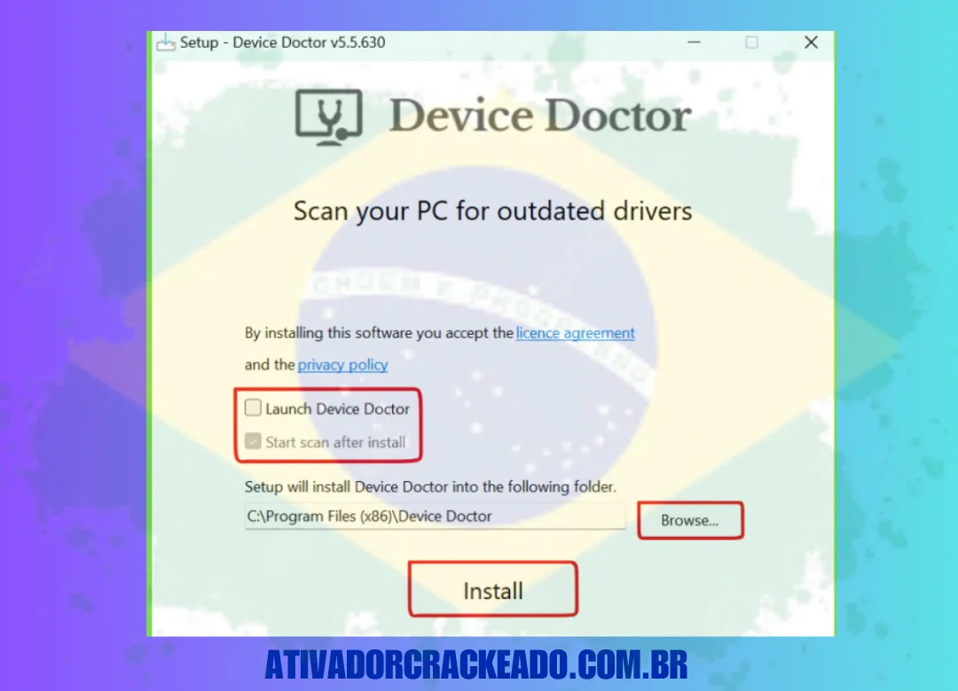 Escolha onde você quer instalar o software, desmarque a caixa “Launch Device Doctor