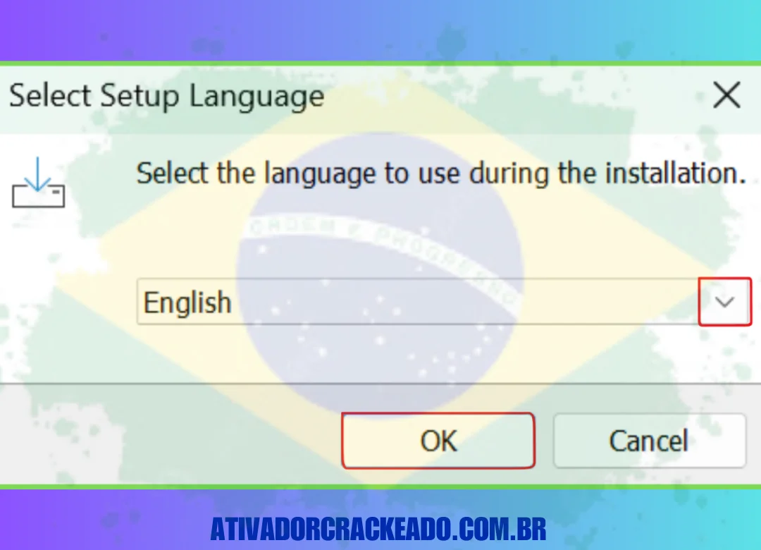 Execute o arquivo setup.exe como administrador após extrair o arquivo baixado. Clique em OK após selecionar o idioma que deseja usar durante a configuração.