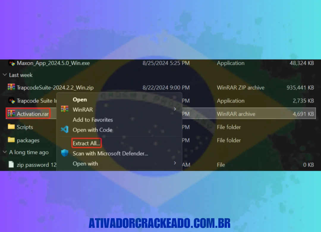 Execute o ativador como administrador após extrair o arquivo activation.rar.