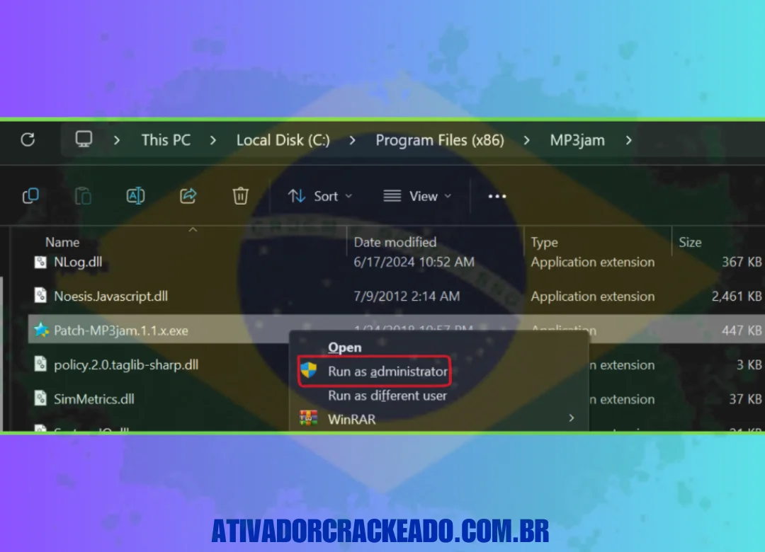 Extraia o arquivo Patch.rar quando a instalação estiver concluída. Adicione o arquivo Patch-MP3jam.1.1.x.exe ao diretório de instalação após copiá-lo.