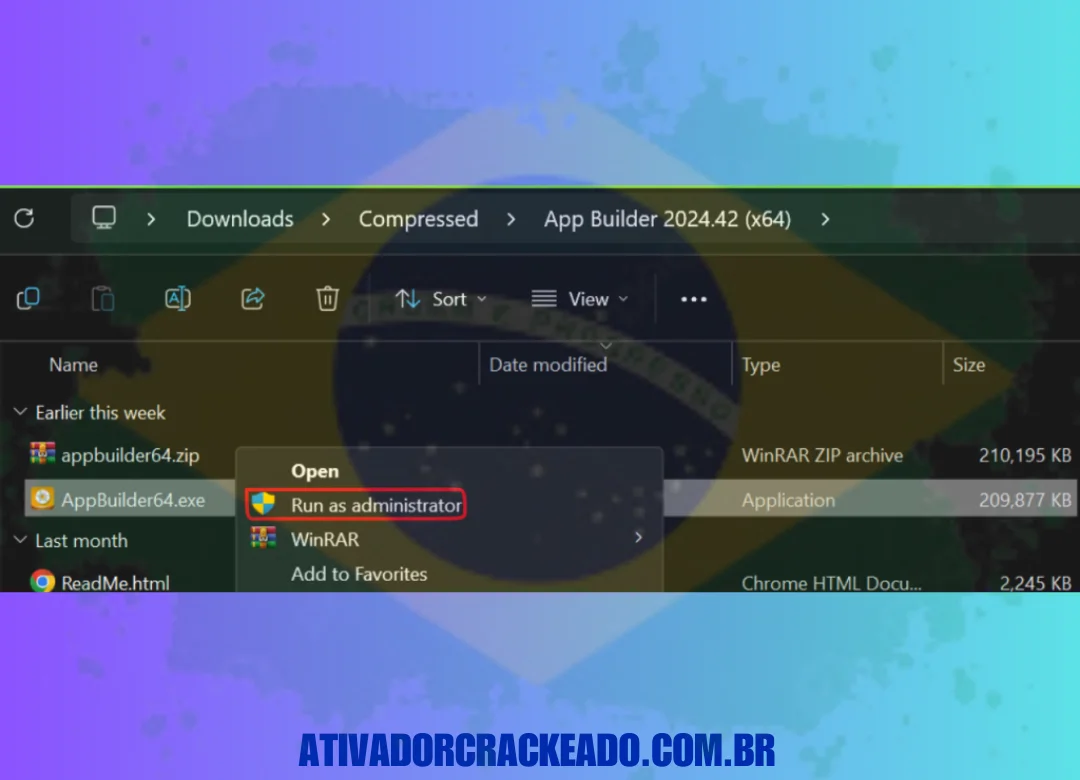 Extraia o arquivo appbuilder64.zip após extrair o arquivo principal que foi baixado. Execute a configuração no modo administrador.