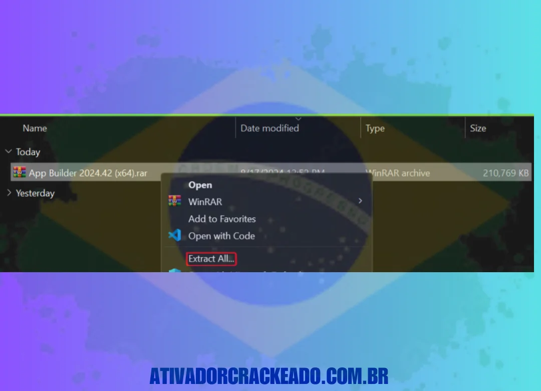 Extraia o arquivo appbuilder64.zip após extrair o arquivo principal que foi baixado. Execute a configuração no modo administrador.