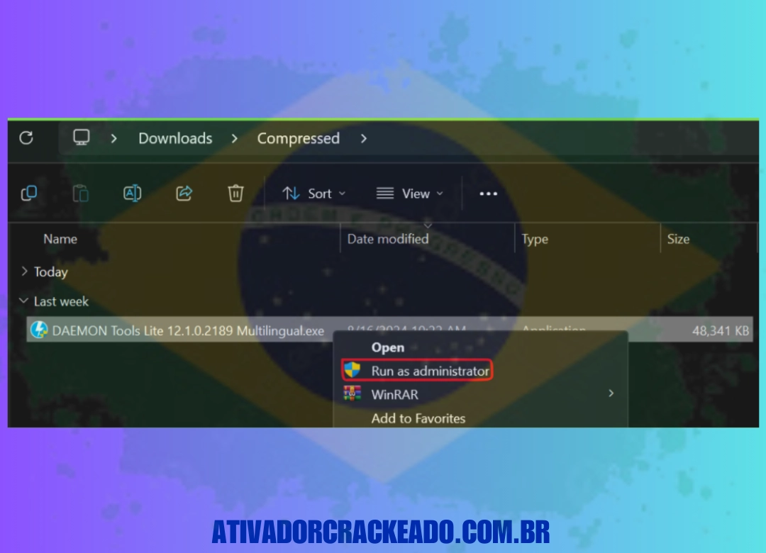 Extraia o arquivo baixado e execute a instalação como administrador.