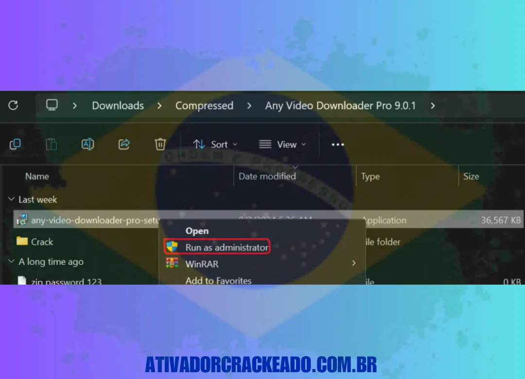 Extraia o arquivo baixado e execute a instalação como administrador.