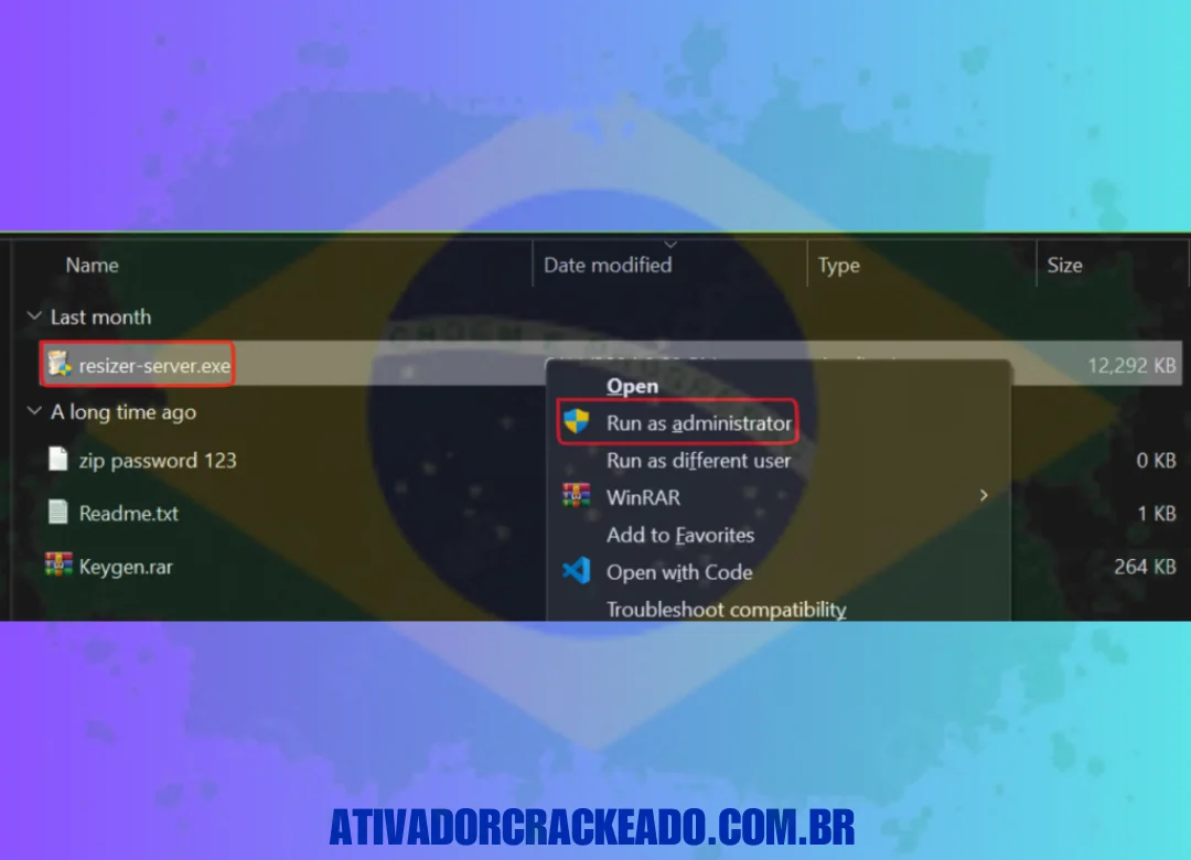 Extraia o arquivo baixado e execute resizer-server.exe como administrador. (1)