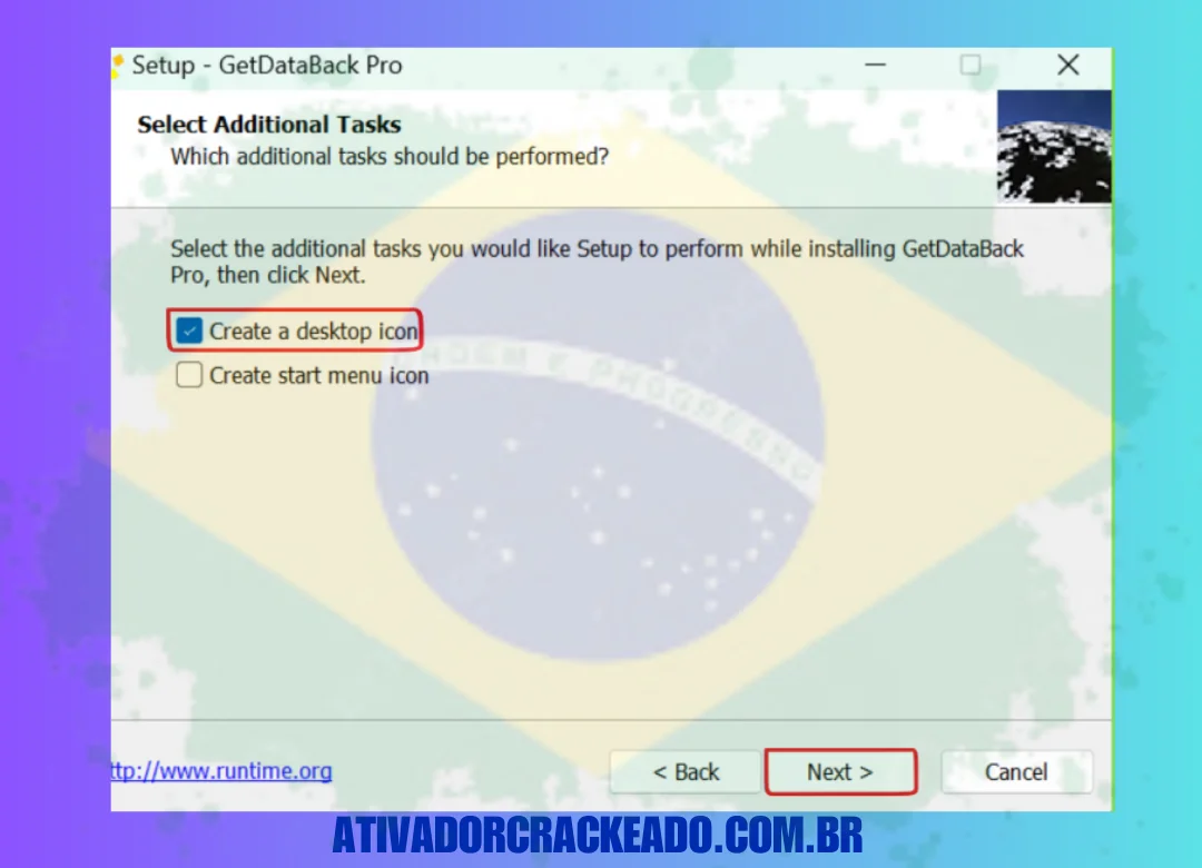 Extraia o arquivo e execute gdbprosetup.exe como administrador. Quando a instalação começar, clique em Next na primeira tela.