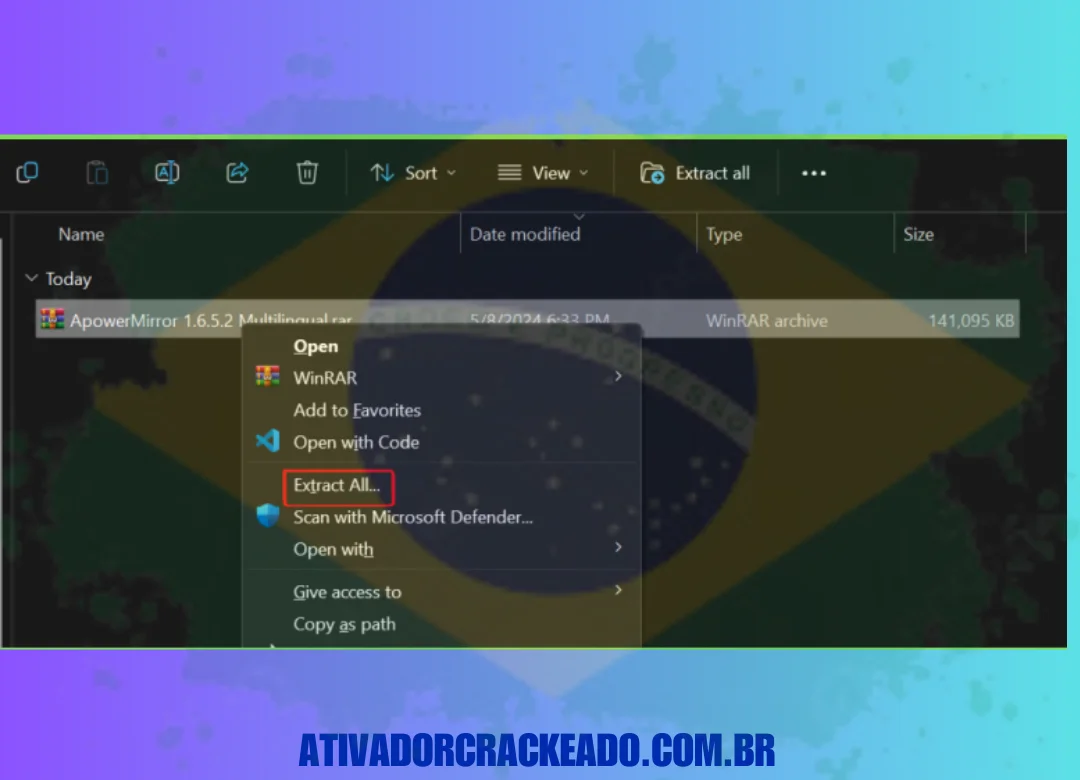 Extraia os arquivos baixados usando o WinRAR e execute a instalação como administrador.