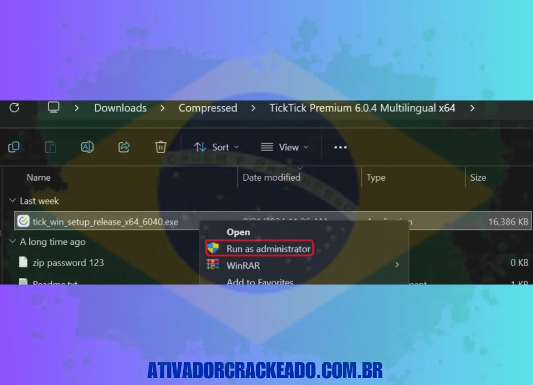 Inicie a instalação como administrador após extrair o arquivo baixado.