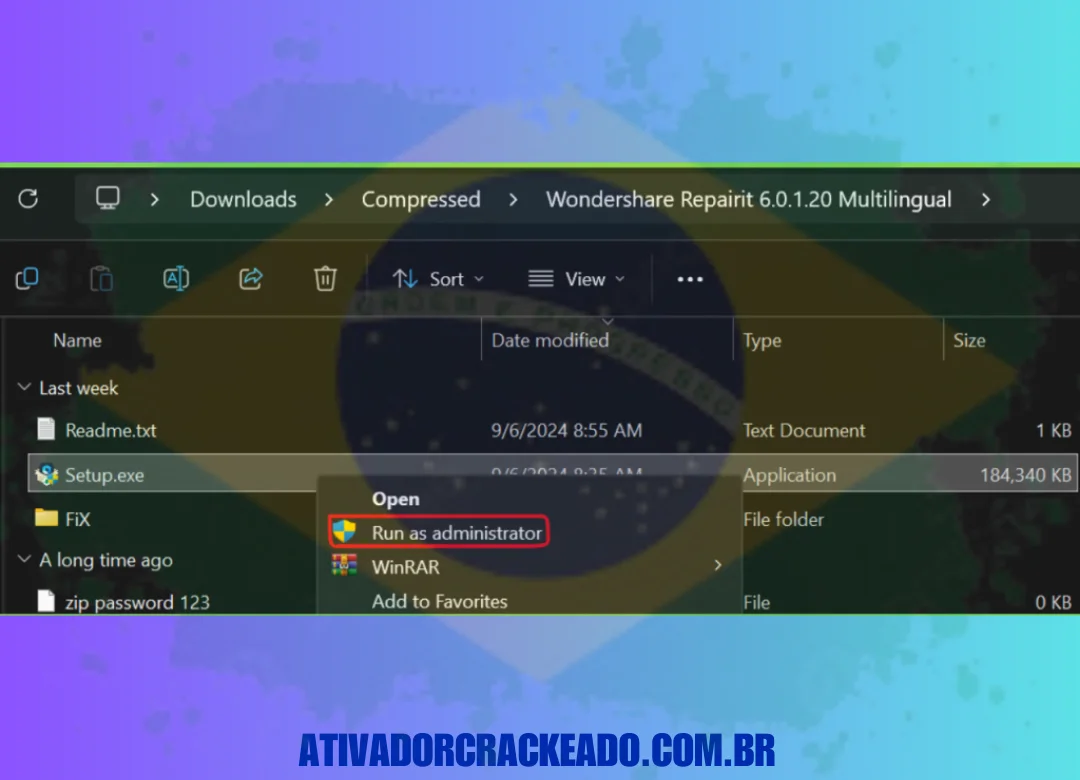 Inicie a instalação como administrador após extrair o arquivo baixado.