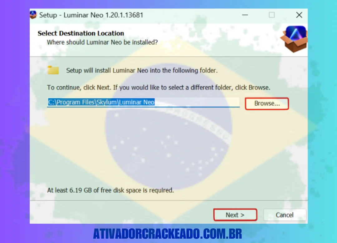 Inicie a instalação como administrador após extrair o arquivo baixado. Selecione o site de instalação e comece o processo.