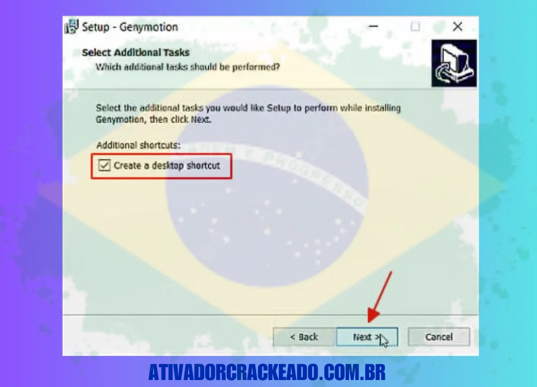 Selecione Criar um atalho na área de trabalho e, em seguida, selecione Avançar