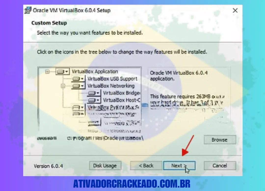 Selecione a pasta de instalação do VirtualBox 6.0.4 e selecione Avançar