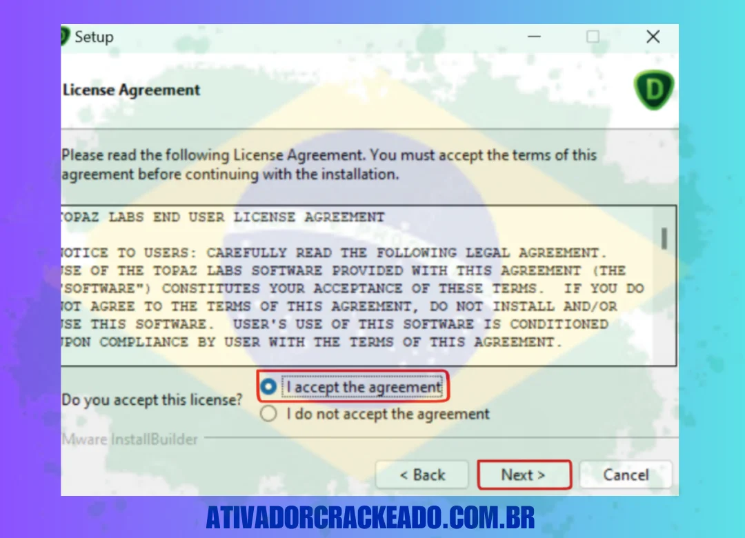 Selecione o diretório de instalação e os recursos após aceitar o acordo