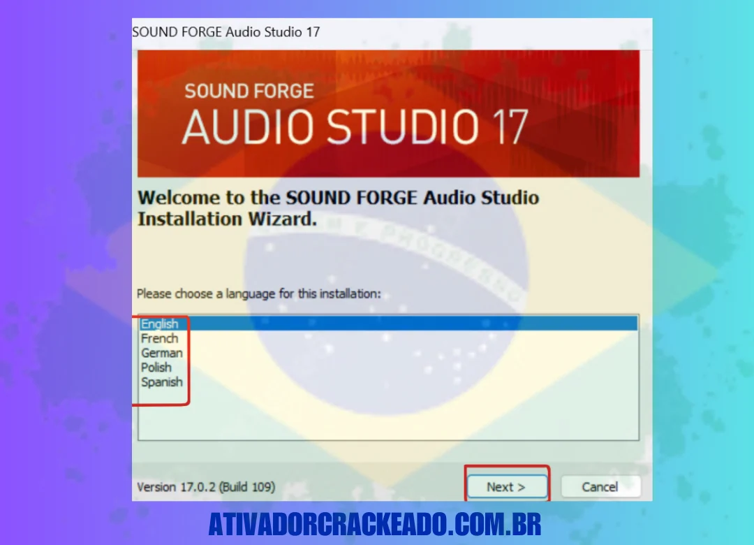 Selecione o idioma no qual você quer instalar o Sound Forge gratuitamente e clique em Next.