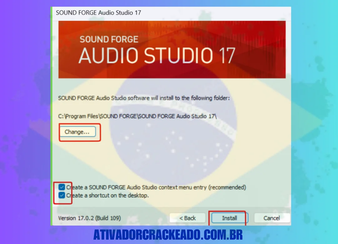 Selecione o local de instalação e se deseja ou não criar um atalho na área de trabalho.