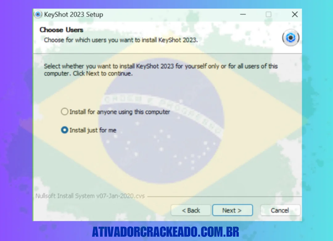 Selecione o usuário para o qual deseja instalar o software, aceite o contrato de licença,