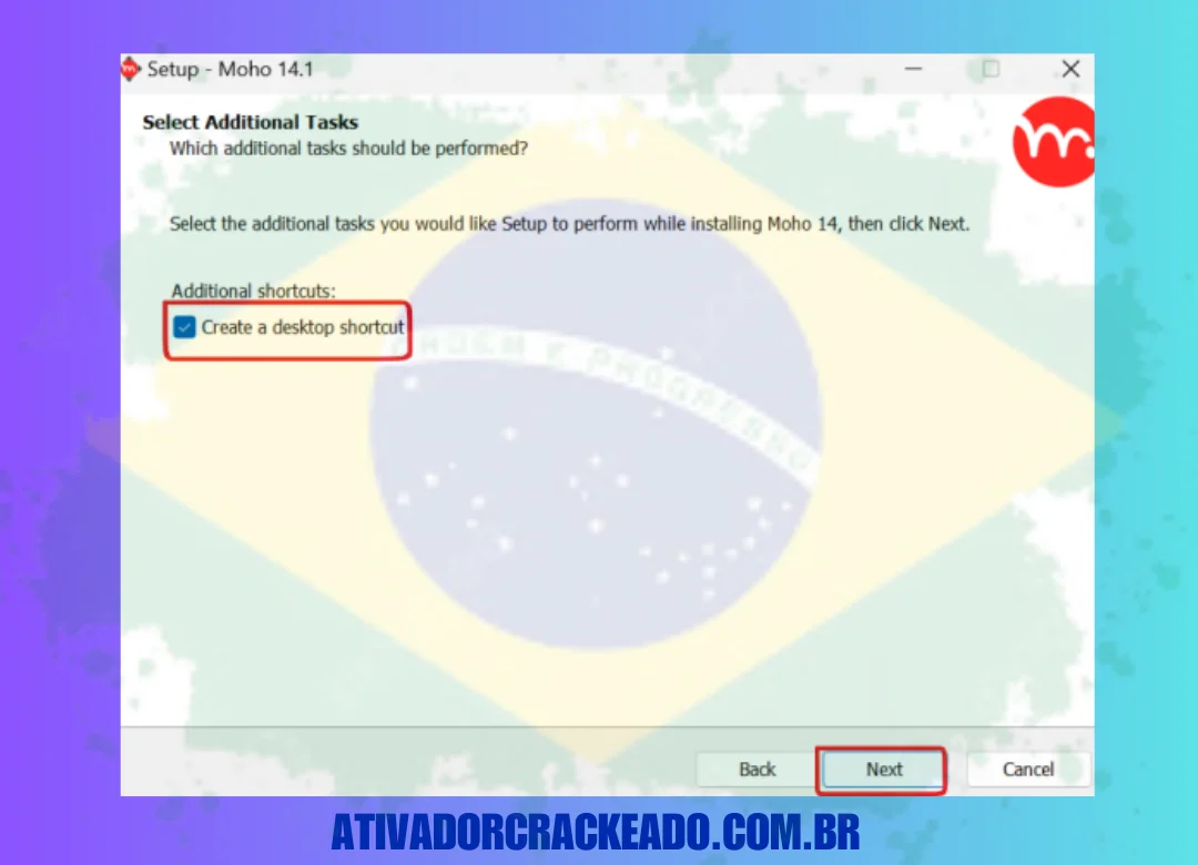 Selecione se você quer ou não um atalho na área de trabalho e clique em Next.