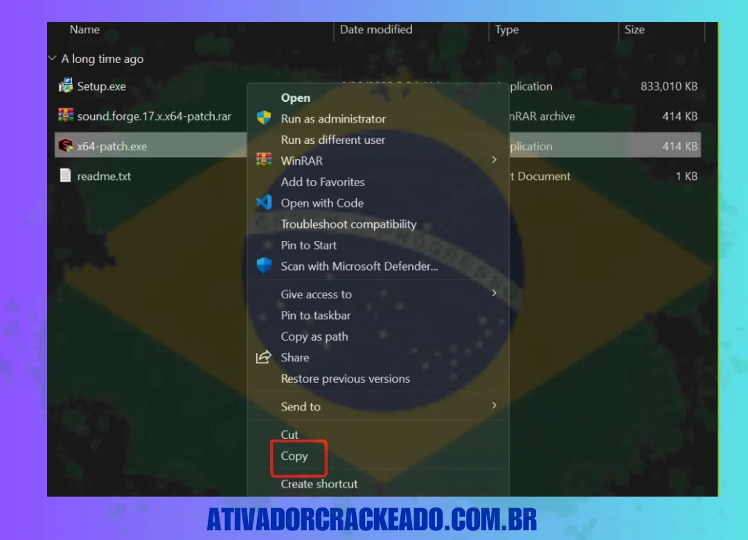 Volte para a pasta principal e extraia o arquivo patch, você verá um arquivo x64-patch.exe, copie esse arquivo. (1)