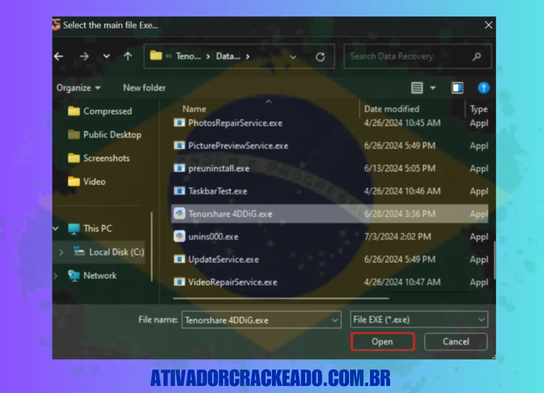 arquivo Tenorshare 4DDiG.exe deve ser escolhido quando 