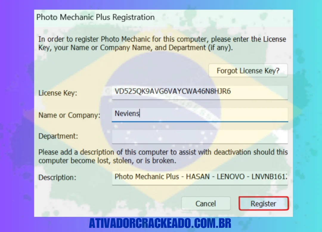 e adicione-os à caixa de registro. Após adicionar o Name e o Key, clique em “Register”.