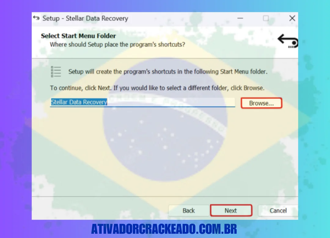 o software e onde deseja criar o menu Iniciar e clique em Avançar novamente.