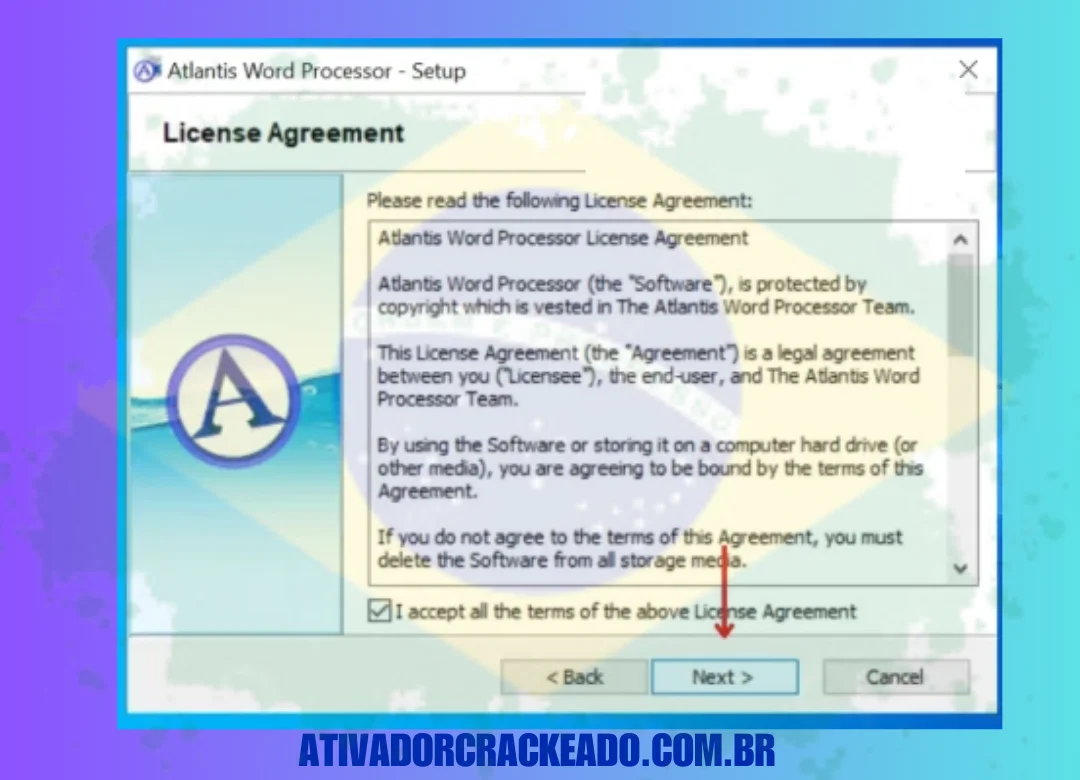 Agora, leia o contrato de licença e concorde com ele, depois clique em Avançar.