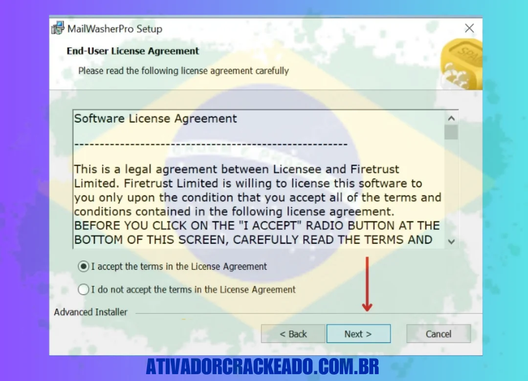 Em seguida, aceite o contrato de licença e clique em Avançar.