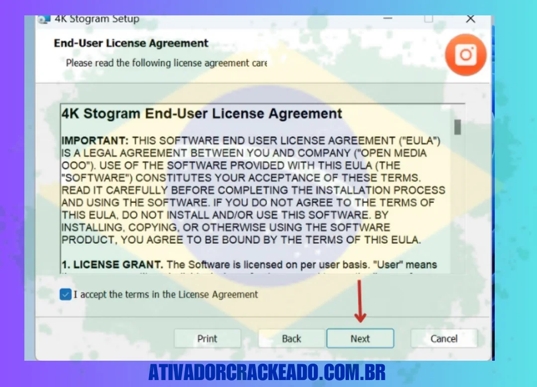 Em seguida, concorde com o contrato de licença e clique em Avançar.