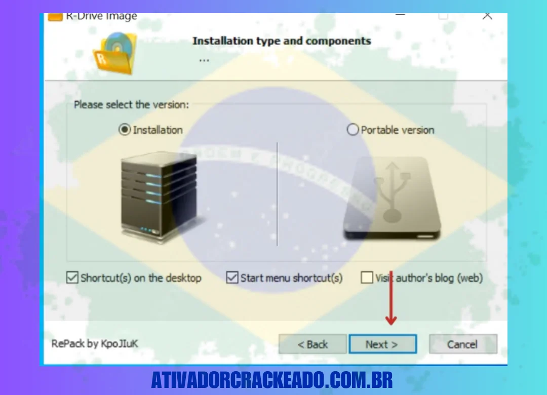 Agora, selecione o tipo de instalação e clique em Avançar.