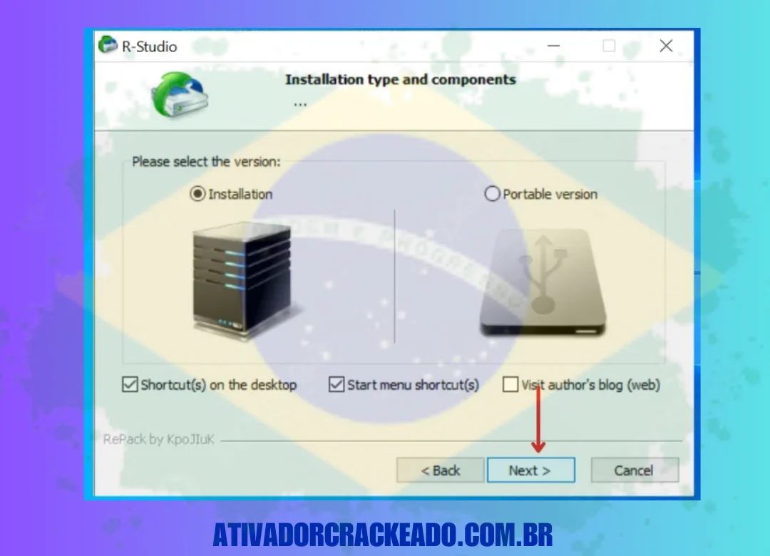 Agora, selecione os componentes e o tipo de instalação e clique em Avançar.